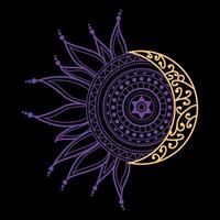 Sol och måne t-shirt design med hindu stil. violett mandala. vektor