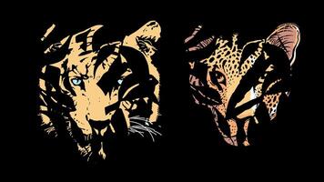 t-shirt design av två tiger och leopard huvuden dölja Bakom de löv. vektor