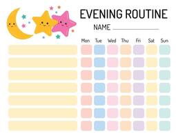 kväll checklista för ungar. kväll rutin- tracker för barn. dagligen regimen. min Syssla Diagram. min uppgifter och ansvar. dagligen rutin- tracker för barn. dagligen regimen. vektor