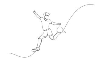 kontinuierlich Linie Zeichnung von Fußball Spieler springen und fliegen zu treten Ball. Single einer Linie Kunst von jung Mann spielen Fußball Ball vektor