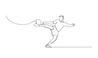 kontinuierlich Linie Zeichnung von Fußball Spieler springen und fliegen zu treten Ball. Single einer Linie Kunst von jung Mann spielen Fußball Ball vektor