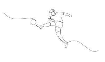 kontinuierlich Linie Zeichnung von Fußball Spieler springen und fliegen zu treten Ball. Single einer Linie Kunst von jung Mann spielen Fußball Ball vektor