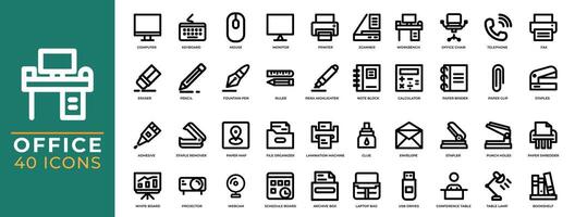 Büro Symbol Satz. Gliederung Stil Design, Arbeitsplatz, Computer, Werkbank, Drucker, Symbole Vektor Sammlung.