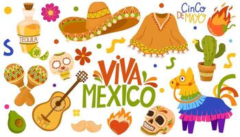 Mexikaner Fiesta Satz. Sammlung von Objekte zum cinco de Mayo Parade mit Pinat, Essen, Sombrero, Tequila, Kaktus. Hand gezeichnet Vektor isoliert Abbildungen