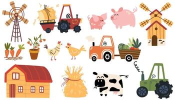 Bauernhof oder landwirtschaftlich Satz. Ernte, Bauernhof Tiere, Transportieren Früchte, Melken ein Kuh, Arbeiten auf ein Traktor. eben Karikatur Vektor Illustration.