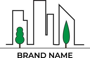 Gebäude, Wohnung, Haus Gebäude und Bäume Symbol Logo Design Vektor