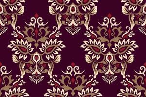 Barock Ikat Blumen- nahtlos Muster auf lila hintergrund.ikat ethnisch orientalisch Stickerei Vektor Illustration.aztekisch Stil, Hand gezeichnet, Schnürdesign zum Textur, Stoff, Kleidung, Dekoration, Oberfläche drucken.
