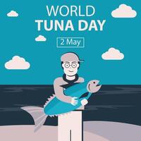 illustration vektor grafisk av en man innehav en tonfisk fisk på de strand, perfekt för internationell dag, värld tonfisk dag, fira, hälsning kort, etc.