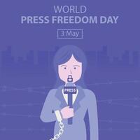 Illustration Vektor Grafik von ein weiblich Reporter ist halten ein Mikrofon mit ihr Hände im Handschellen, perfekt zum International Tag, Welt Drücken Sie Freiheit Tag, zelebrieren, Gruß Karte, usw.