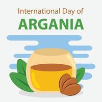Illustration Vektor Grafik von Argania Öl im ein Krug, zeigen Grün Blätter und Argan Samen, perfekt zum International Tag, International Tag von Arganie, zelebrieren, Gruß Karte, usw.