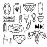 menstruation hygien verktyg. kvinna menstruations- period skydd vektor illustration söt uppsättning. sex utbildning uppsättning av element i klotter stil.