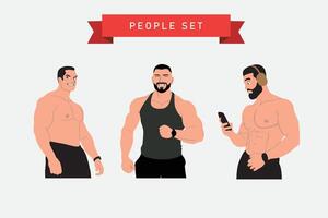 bodybuilding begrepp. kroppsbyggare man med en smartphone. vektor illustration