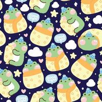 nahtlos Muster von süß Frosch mit Kissen im Schlaf posiert auf Nacht Himmel Hintergrund. Wolke, Stern, Herz Hand gezeichnet.Reptil Tier Charakter Karikatur design.kawaii.vektor.illustration. vektor