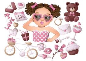 einstellen von Rosa Valentinstag s Tag Elemente und cool Mädchen tragen Herz geformt Brille Karikatur Vektor