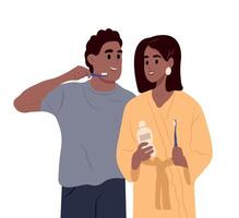 afrikanisch Mann, Frau nehmen Pflege von Oral Gesundheit oder Bürsten Zähne. schwarz Paar im das Badezimmer. vektor