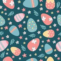 süß bunt Ostern nahtlos Muster mit Gekritzel Ostern Eier und süß Blumen. vektor
