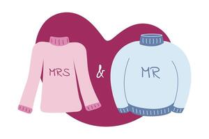 illustration av herr. och Fru. kön parade tröjor för hjärtans dag, februari 14:e. kärlek, hjärta form. rosa och blå Tröja. vektor illustration.