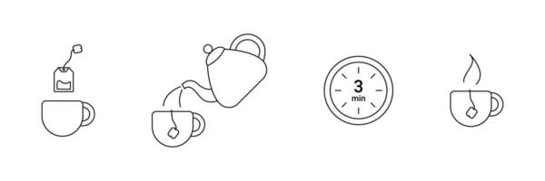 Tee Tasche brauen Anleitung Schritt durch Schritt. Gliederung Bild. Tasse, Teekanne und Tee Tasche. Tee Herstellung Vorlage. Schweißen Verfahren. Vektor Illustration