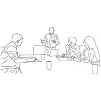 Geschäft Treffen Diskussion zwischen Arbeitskräfte im das Büro Hand gezeichnet Vektor Illustration Linie Kunst Design.