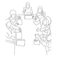 Geschäft Treffen Diskussion zwischen Arbeitskräfte im das Büro Hand gezeichnet Vektor Illustration Linie Kunst Design.