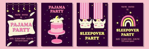 uppsättning av inbjudningar eller posters för pyjamas fest. tema bachelorette fest, övernattning eller födelsedag fest. vektor illustration