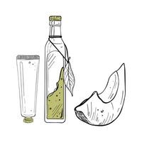 avokado skivor flaska olja grädde vektor illustration. avokado frukt mogen del. glas behållare svart översikt grafisk teckning. kosmetisk vegan mat bläck linje kontur