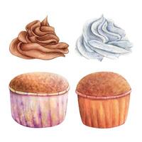 Cupcake Muffin Sahne Aquarell Zeichnung einstellen Schokolade Vanille im nett Papier. Kuchen Bäckerei lecker Dessert Illustration. Geburtstag Feier Gebäck aquarelle Bild isoliert auf Weiß Hintergrund vektor