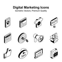 digital marknadsföring isometrisk ikoner uppsättning isolerat på vit bakgrund vektor