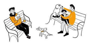 glücklich Kerl halten ein Buch Sitzung auf ein Bank im das Stadt außen. ein Kind lesen ein Buch Sitzung auf ein Bank im das Waffen von seine Vati. Hund spielen mit ein Knochen. Vektor Illustration isoliert auf Weiß zurück