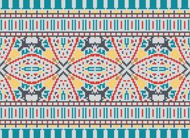 ethnisch geometrisch nahtlos Stoff Muster Kreuz Stich. Ikat Stickerei orientalisch Pixel Muster Sahne Hintergrund. abstrakt, vektor, illustration. Textur, Kreuz Stich, Schal, Dekoration, Motive, Tapete. vektor