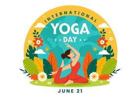 internationell yoga dag vektor illustration på juni 21 med kvinna håller på med kropp hållning öva eller meditation i sjukvård platt tecknad serie bakgrund