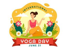 internationell yoga dag vektor illustration på juni 21 med kvinna håller på med kropp hållning öva eller meditation i sjukvård platt tecknad serie bakgrund