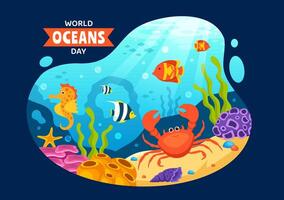värld oceaner dag vektor illustration till hjälp skydda och bevara hav, fisk, ekosystem eller hav växter i platt tecknad serie bakgrund design