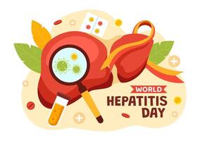värld hepatit dag vektor illustration på 28 juli av patient sjuklig lever, cancer och cirros i sjukvård platt tecknad serie bakgrund design