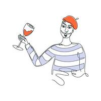 franskman med glas av vin. stereotyp utrusta med basker och randig lång ärm. linje konst teckning mänsklig porträtt. sommelier, söt karaktär för kort, baner, meny. hand dragen vektor illustration.