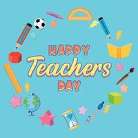 Happy Teachers Day Logo Banner mit Schulgegenständen vektor