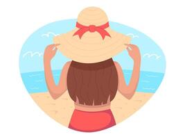 Mädchen im ein Strand Hut durch das Meer, Vektor Illustration