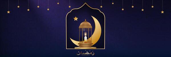 ramadan mubarak bakgrund, islamisk lykta på podium med halvmåne måne stjärna på blå backdrop.vector religion av muslim symboliskt, eid al fitr, ramadan kareem, eid al adha, ramadan kareem vektor