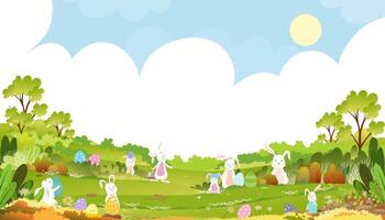 Ostern Hintergrund, Frühling Grün Felder Landschaft mit süß Hase Jagd Ostern Ei mit Blau Himmel und Wolke Hintergrund, Vektor Karikatur ländlich Natur im Frühling, Kaninchen spielen auf Gras Land im Morgen
