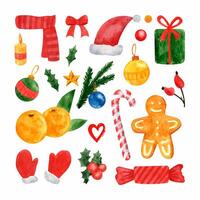 einstellen von Neu Jahr und Weihnachten Aquarell Abbildungen mit Stechpalme Beeren, Geschenke, Weihnachten Baum vektor