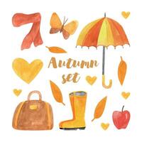 süß Herbst Aquarell einstellen mit Regenschirm, Schal, Schmetterling, Herz, Tasche, Apfel, Stiefel, Blätter. saisonal Design zum drucken, Dekoration. isoliert und hoch Auflösung. vektor