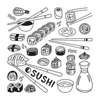 japansk sushi rulla uppsättning i hand dragen klotter stil. asiatisk mat för restauranger meny vektor