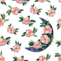 Aquarell nahtlos Muster mit Rosa Blumen Potentilla, Grün und Halbmond Mond vektor