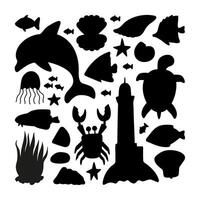 Vektor Meer einstellen Silhouette mit Delfin, Stachelrochen, Krabbe, Schildkröte, Fisch, Muschel und Seepferdchen.