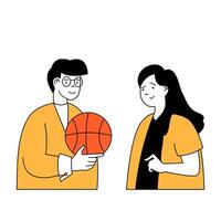 Fitness Konzept mit Karikatur Menschen im eben Design zum Netz. Frau und Mann spielen Basketball und Ausbildung im Mannschaft zum Wettbewerb. Vektor Illustration zum Sozial Medien Banner, Marketing Material.