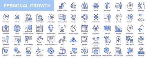 personlig tillväxt webb ikoner uppsättning i blå linje design. packa av ledarskap, syn, mentorskap, skicklighet, kreativitet, motivering, påverkan, ersättning, kommunikation, Övrig. vektor översikt stroke piktogram