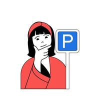 Reise Konzept mit Karikatur Menschen im eben Design zum Netz. Frau gehen zu Ferien mit Auto Transport und mit Parkplatz Service. Vektor Illustration zum Sozial Medien Banner, Marketing Material.