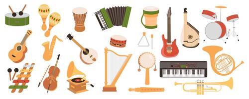 Musical Instrumente Mega einstellen im Karikatur Grafik Design. bündeln Elemente von Trommel, Marakas, Banjo, Akkordeon, Gitarre, Bandura, Saxophon, Klavier, Violine und andere. Vektor Illustration isoliert Objekte