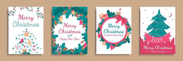 glad jul 2024 omslag broschyr uppsättning i platt design. affisch mallar med festlig träd med leksaker, strumpor och småkakor, krans lampor, gran krans med tall kottar, Övrig dekorer. vektor illustration.