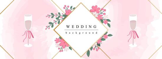 bröllop horisontell webb baner. romantisk äktenskap inbjudan med abstrakt blomning blommor, gyllene gräns, champagne glasögon. vektor illustration för rubrik hemsida, omslag mallar i modern design